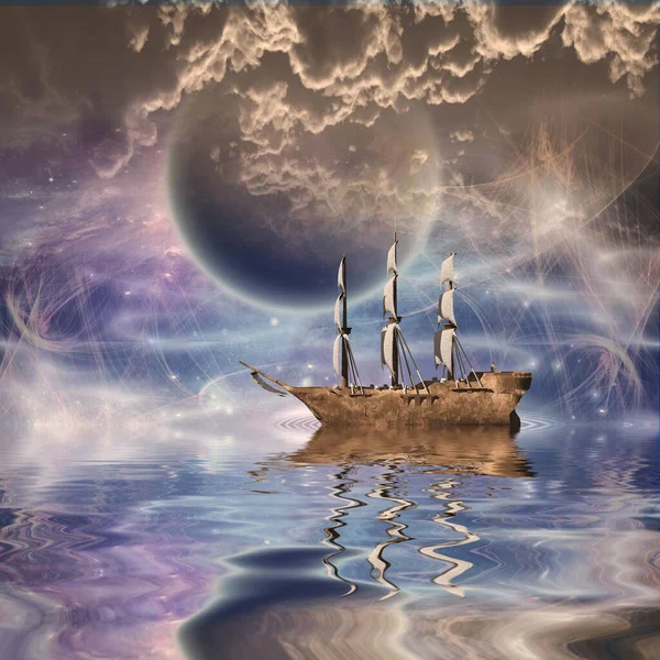 Segelschiff Mit Vollen Segeln Fantastischer Szene — Stockfoto
