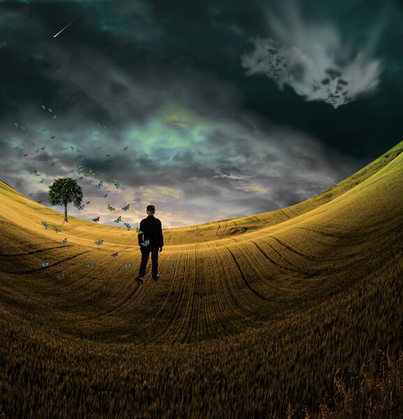Man in surreal landscape with butterflies. 3D rendering
