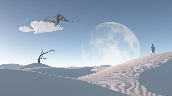Elefant Schwebt Mit Beobachtendem Mann Auf Wolke Surrealer Landschaft — Stockfoto