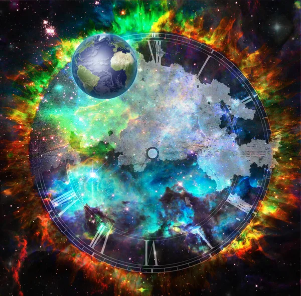 Planet Earth Fantasy Space Clock Face Rendering — Stock Photo, Image