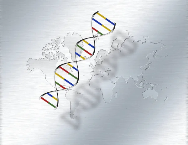 世界遗传 Dna链和世界地图 — 图库照片