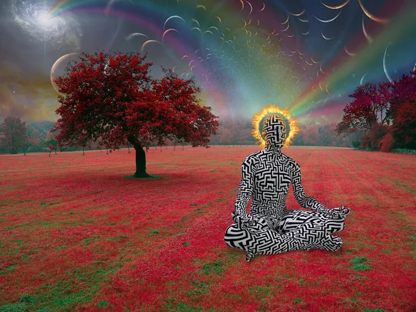 Man Lotus Pose Burning Halo Surreal Landscape — Stock Photo, Image