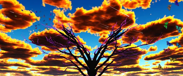 超现实的黑树和明媚的天空 — 图库照片
