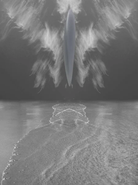 Ufoは海面上をホバリングし 干潮を引き起こす 空の雲 3Dレンダリング — ストック写真