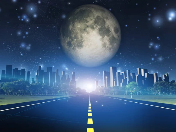 Highway City Full Moon Rendering — Stock Photo, Image
