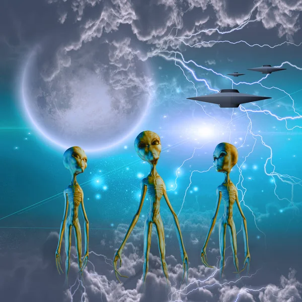Tre Utomjordingar Rymdskepp Stjärnhimlen — Stockfoto