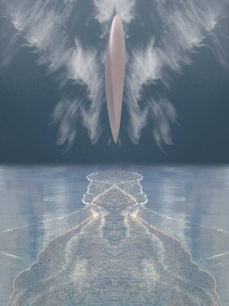 UFO hovers over ocean surface causes low tide. Clouds in sky. 3D rendering