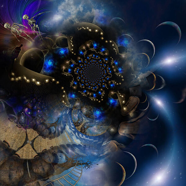 Planetary fractal and light bulbs. 3D rendering