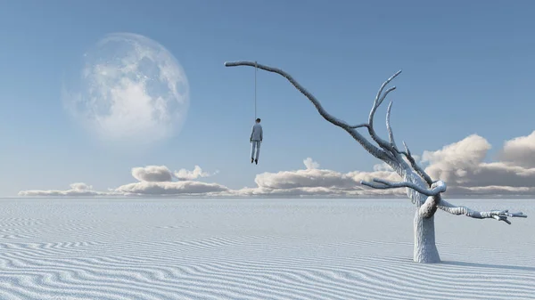 Человек Висит Ветвях Большого Белоснежного Дерева Пустыне — стоковое фото