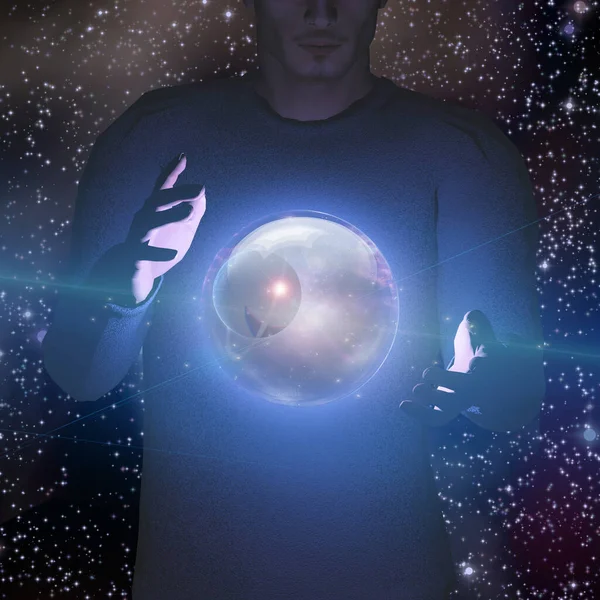 Hombre Sostiene Planeta Espacio Esfera Entre Sus Manos — Foto de Stock