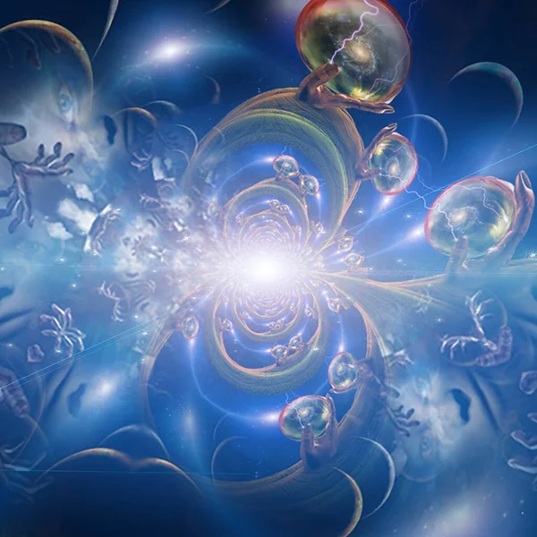 Multi Universo Dentro Esferas Cristal Nas Mãos Dos Gigantes Renderização — Fotografia de Stock