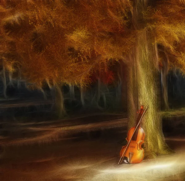 Musica Violino Bosco Autunnale Rendering — Foto Stock