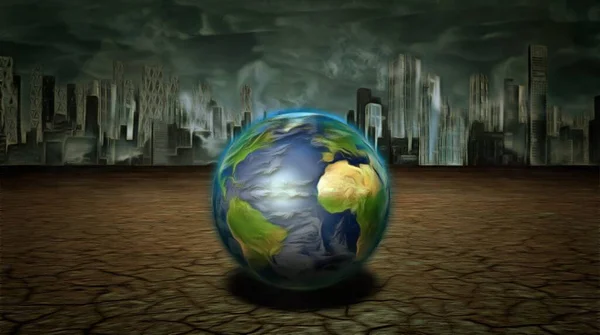 未来城市背景下的行星地球 3D渲染 — 图库照片