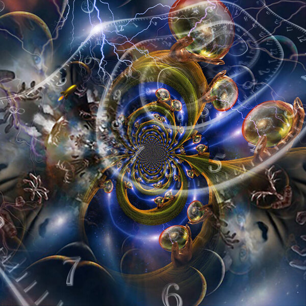 Multiverse in giants hands. Time spirals