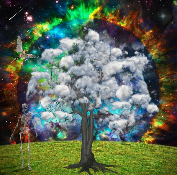 树枝上有云彩的树 3D渲染 — 图库照片