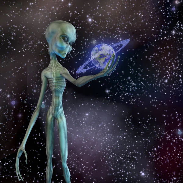 Alien Holding Ringed Planet — Stockfoto