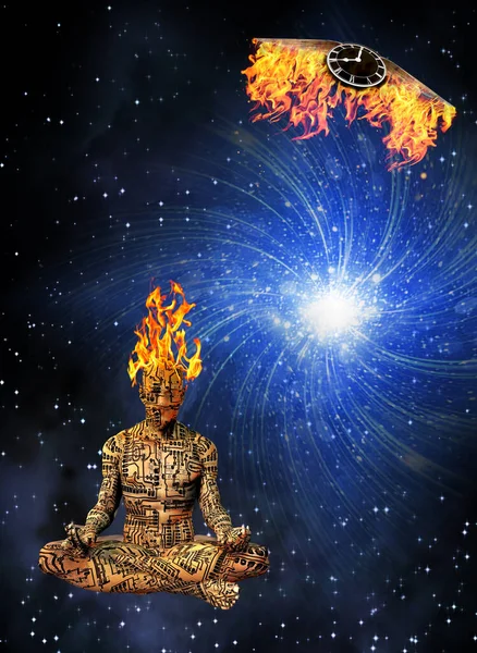 Droid Meditation Cyborg Burning Head Rendering — Stock Photo, Image