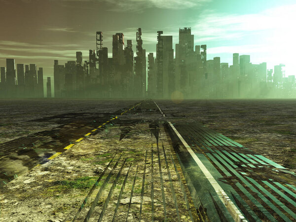 Weathered road leads into abandoned city. 3D rendering