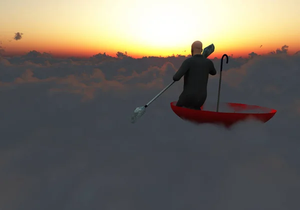 Hombre Remando Través Las Nubes Paraguas Volteado Hacia Atardecer — Foto de Stock