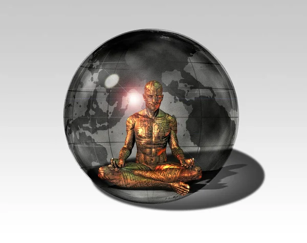 未来主义艺术 水晶球中的机器人冥想 — 图库照片
