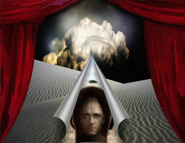 Сюрреалистическая Картина Взрыв Над Головой Человека — стоковое фото