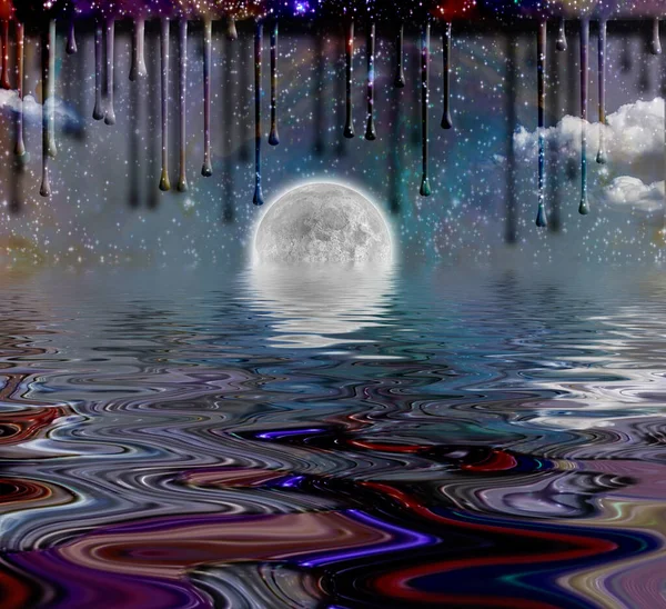 满月在水中反射 另一个层面滴水 3D渲染 — 图库照片