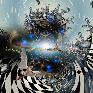 Satranç tüneli. Modern ruhani sanat. 3B görüntüleme