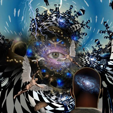 Melekler ve tüm gözler sonsuz boyutlarda. 3B görüntüleme