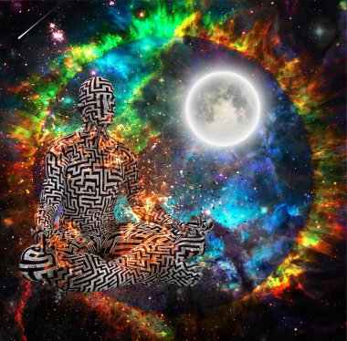 Yanan adam labirent desenli Lotus pozisyonunda meditasyon yapıyor. 3B görüntüleme