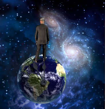 Dünya 'da siyah takım elbiseli bir adam. 3B görüntüleme