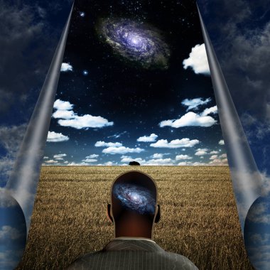 Aklında galaksi olan bir adam. 3B görüntüleme