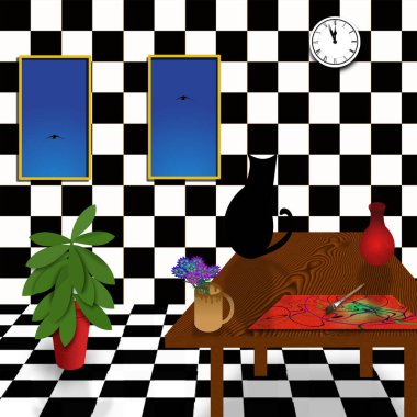 Siyah kedili sürreal oda. 3B görüntüleme