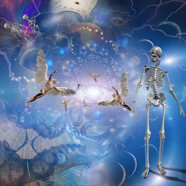 Sonsuz boşluklar. Zaman sarmalı ve meleklerle gerçeküstü kompozisyon. 3B görüntüleme