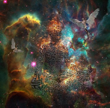 Sürrealizm. Lotus 'ta alevler içinde duran labirent desenli bir insan figürü. Kanatlı çıplak adamlar melekleri temsil eder. 3 boyutlu görüntüleme. NASA 'nın sağladığı bazı unsurlar.