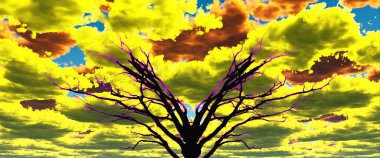 Gerçeküstü siyah ağaç ve canlı gökyüzü