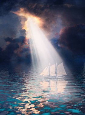 Hayalet yelkenli. Bulutların arasından gün ışığı. 3B görüntüleme
