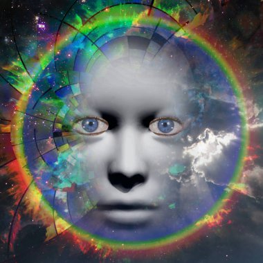 Mistik yüz ve ateş çemberi. 3B görüntüleme