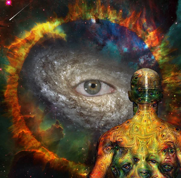 Figure of man with weird demonic eyes on his skin stands before vivid universe. 3D rendering