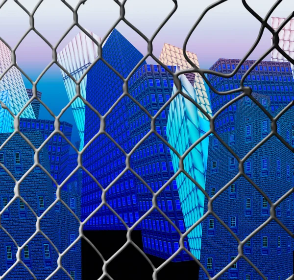 Сюрреалистичный Город Красочные Дома Металлическим Забором — стоковое фото