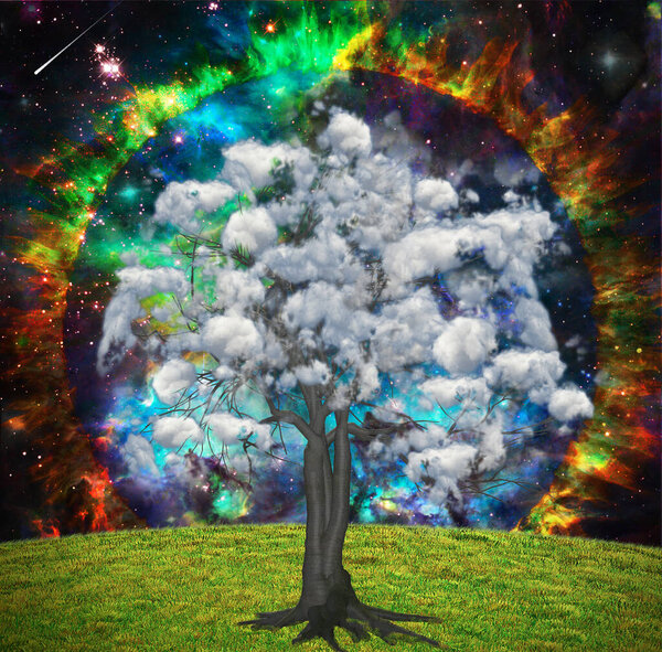 The clouds tree. Circle of fire in vivid space. 3D rendering