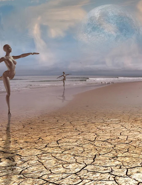 Bailarina Num Planeta Irreal Lua Gigante Céu Renderização — Fotografia de Stock