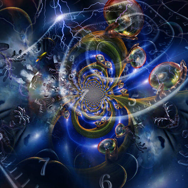 Multiverse in giants hands. Time spirals