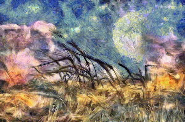 Surrealistisk Målning Vetefält Fullmåne Himlen — Stockfoto