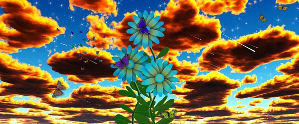 青い花とシュールな空 — ストック写真
