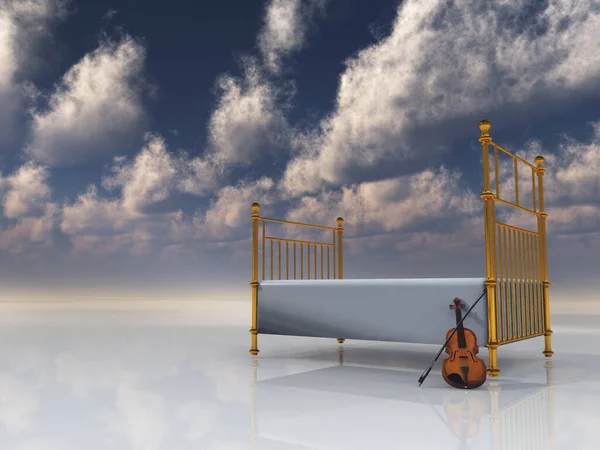 超现实空间中的床和小提琴 — 图库照片
