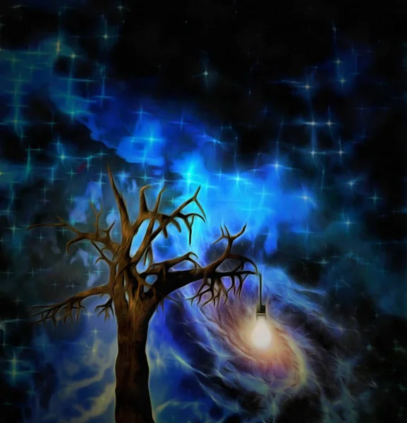 Δέντρο Κρεμαστό Λαμπτήρα Και Γαλαξία Στο Χώρο Απόδοση — Φωτογραφία Αρχείου
