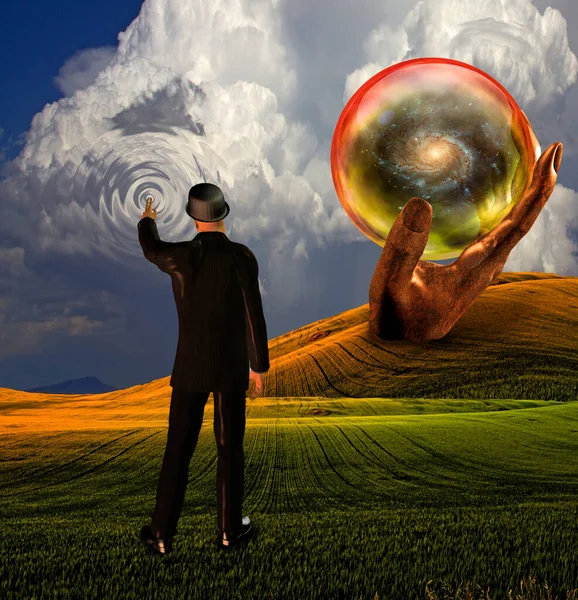 Człowiek Garniturze Dotyka Nieba Tworząc Fale Galaktyki Objawione Sferze — Zdjęcie stockowe
