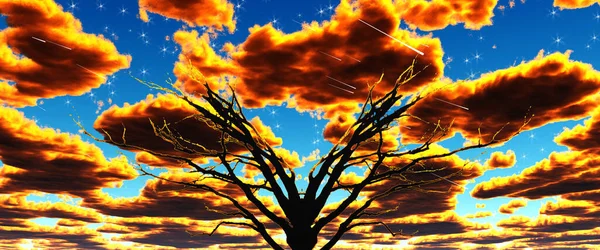 Surrealer Schwarzer Baum Und Lebendiger Himmel — Stockfoto