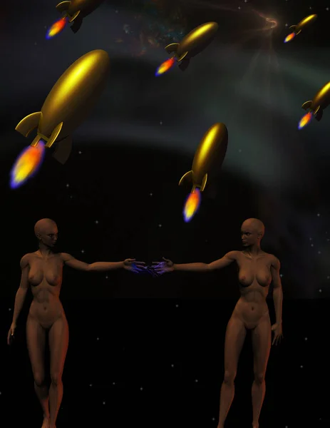 Retro Sci Två Kvinnor Raketer Himlen — Stockfoto