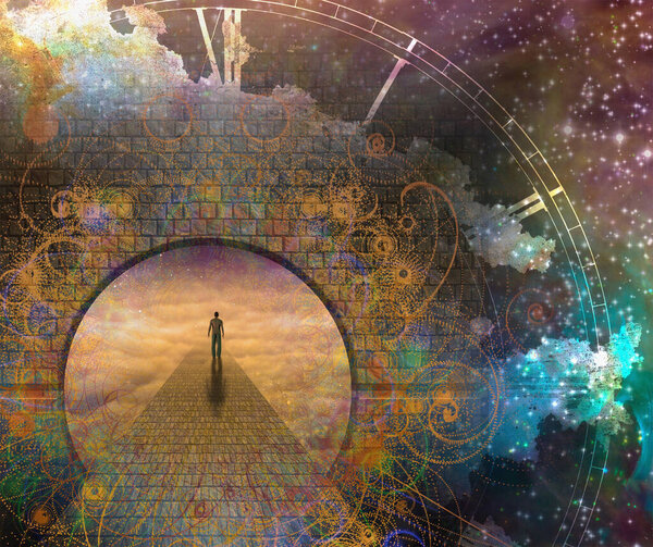 Man on path and doorway with aged clock